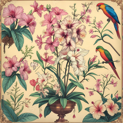 Elegant vintage botanical artwork featuring tropical birds and blooming hibiscus flowers in a decorative vase. Antique floral illustration perfect for prints, wall art, and stationery.