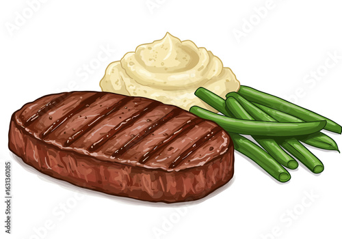 Grilled steak with mashed potatoes and green beans on white background