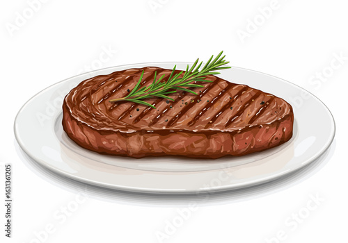 Grilled ribeye steak with rosemary on a white plate, food illustration