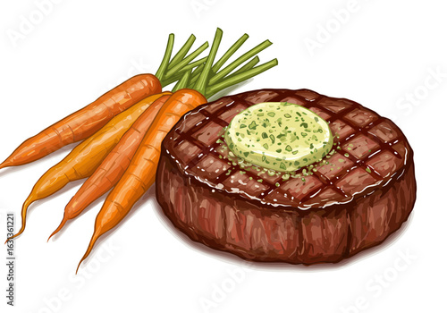 Grilled steak with herb butter and carrots on a white background