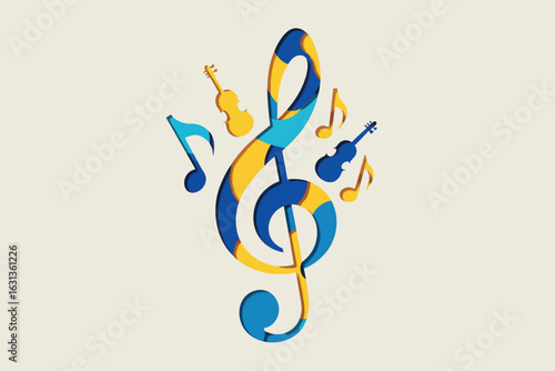 A colorful treble clef with musical notes and violins in blue and yellow on a light beige background