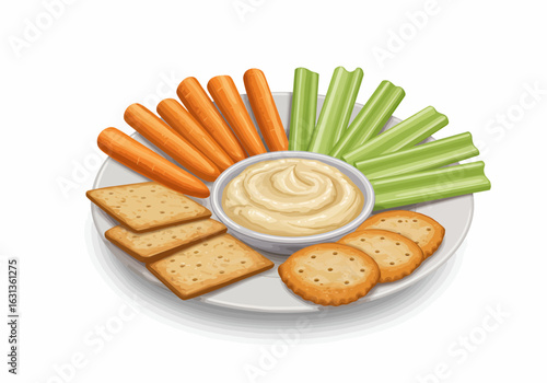 Ppetizer plate with crackers, carrots, celery and dip on white plate