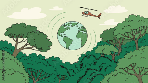 Illustration of earth globe surrounded by trees with helicopter flying above for environmental awareness