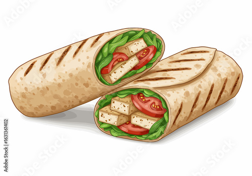 Delicious tofu wrap with tomato and spinach on a white background
