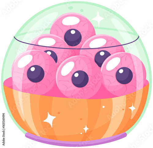 A bowl of cartoon-style eyeballs on pink filling.
