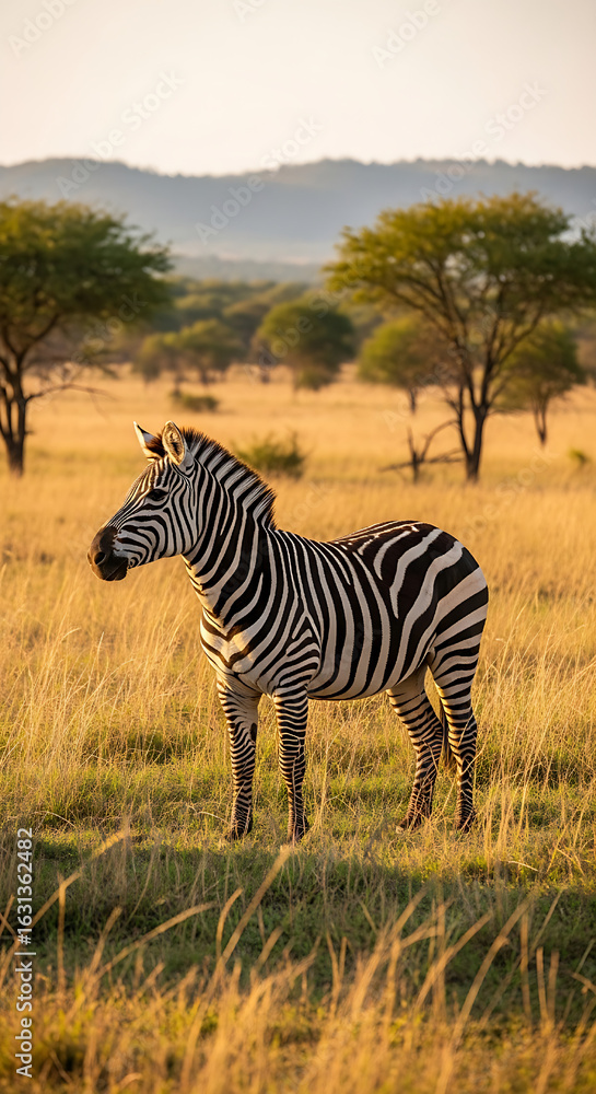 Obraz premium Plains zebra (Equus quagga) in the veld near Gqeberha, Eastern Cape, South Africa. Known for distinctive black-and-white stripes, they thrive in grasslands and savannahs across southern