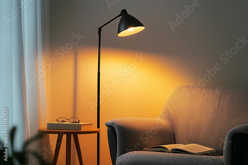 cozy living room, featuring a table lamp, warm lighting, and decorative plants, creates a relaxing atmosphere.