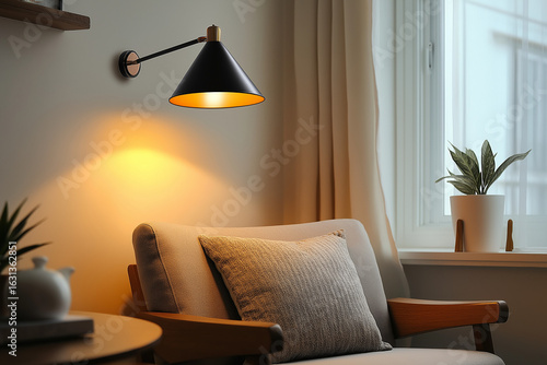 Minimalist reading nook with a simple chair, small table, and a single lamp providing cozy lighting