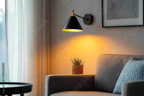Minimalist reading nook with a simple chair, small table, and a single lamp providing cozy lighting