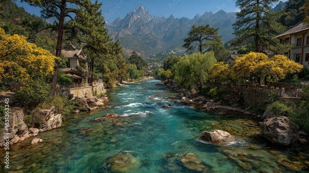 A tranquil river winds through a valley, flanked by lush greenery and mountains, with traditional Asian-style buildings along its banks A tranquil river winds through a valley, flanked by lush greenery and mountains, with traditional Asian-style buildings along its banks