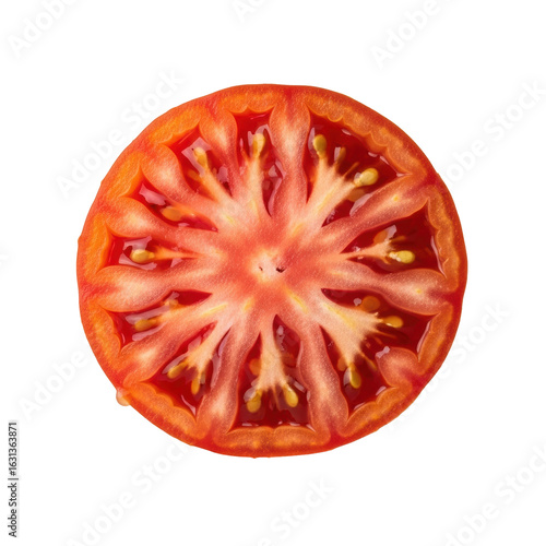 Wallpaper Mural A freshly split heirloom tomato revealing vibrant red and orange ribbed internal surface, translucent pulp, and glistening pale seeds, isolated on a transparent background. Still life aesthetic of Torontodigital.ca