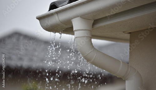 Rainwater flows from a white gutter
