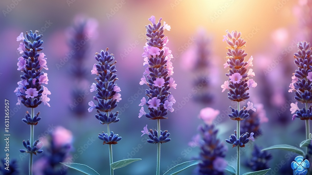 Obraz premium Lavender flowers in a field with a blurred background and warm sunlight.