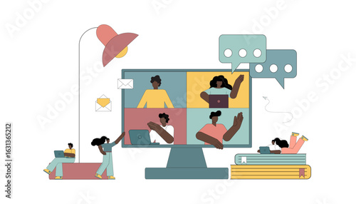 Online meeting. People use mobile applications, gadgets and the Internet for online communication, learning, meetings. Vector illustration flat
