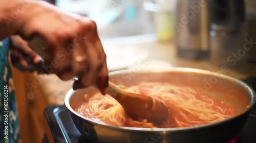 Close-up of hands tossing spaghetti in tomato sauce in a pan.