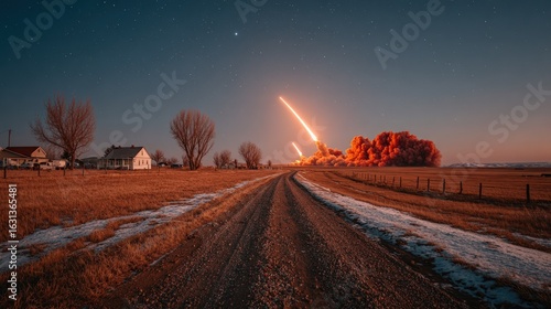 A rocket launch over a rural landscape at twilight.  A dirt road leads into the distance, towards a vibrant orange/red plume of smoke and fire from a rocket launching into the night sky
