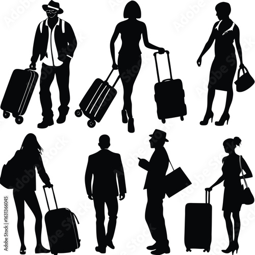 People traveling with luggage in various poses