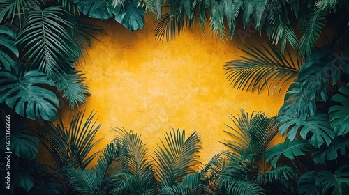 Tropical foliage frame on mustard yellow wall