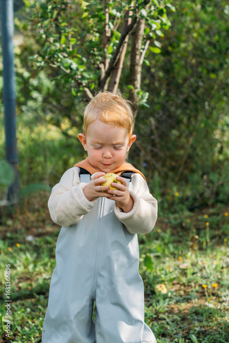 A small red-haired boy in a gray-blue jumpsuit and yellow boots holds an apple in his hands under an apple tree