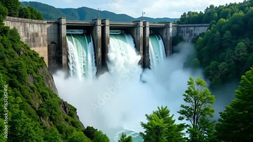 Powerful hydroelectric dam generating clean energy with rushing water through a stunning landscape
