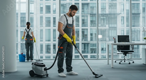 Wallpaper Mural Cleaning crew vacuuming and mopping office space with large windows Torontodigital.ca