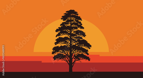 A solitary tree stands tall against a vibrant sunset, its silhouette creating a striking contrast in a serene and minimalist landscape illustration.