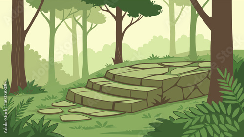 Cartoon forest landscape background with stone steps platform and trees illustration for graphic design art