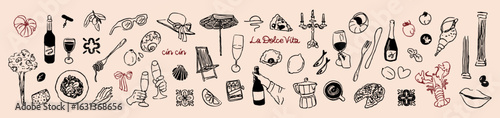 Hand drawn summer trendy stickers set. Vintage vacation in Italy collection with food, wine, sea shells, pasta, pizza, sardines, lemons. Modern crayon line sketch vector illustration