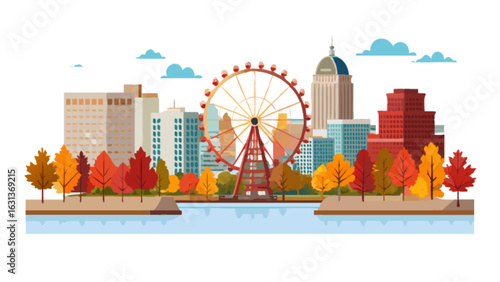 Cityscape ferris wheel autumn foliage urban landscape scenic view downtown skyline architectural design