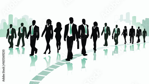 Silhouetted business team walking towards a city skyline representing corporate success and ambition forward