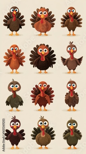 Colorful cartoon turkeys in various poses celebrating Thanksgiving holiday spirit