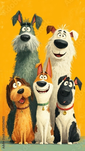 Cheerful group of animated dogs posing together against a bright yellow background