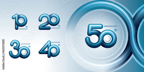 Set 10 to 50 years Anniversary logotype design, Ten to Fifty years Celebrating Logo. Abstract embossed Balloon Infinity Round number 10, 20, 30 ,40, 50, Infinity loop logo Rounded line for celebration