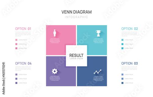 Venn diagram infographic chart template for business. 4 options presentation with icon elements vector illustration.