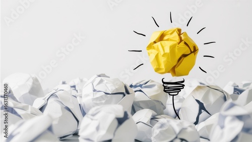 Conceptual image of a bright yellow crumpled paper lightbulb signifying innovation and new ideas amidst discarded paper balls