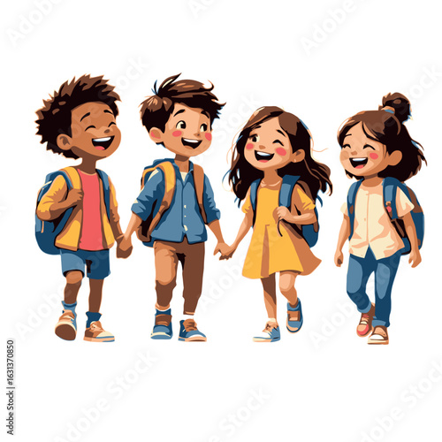Vsai happy pupils holding hands and going to school together