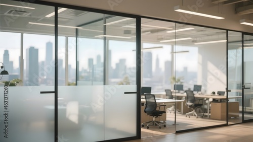 Modern office space with glass partitions and city skyline view