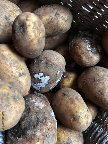 Rotten and moldy raw potatoes in a basket, showing signs of decay and poor storage