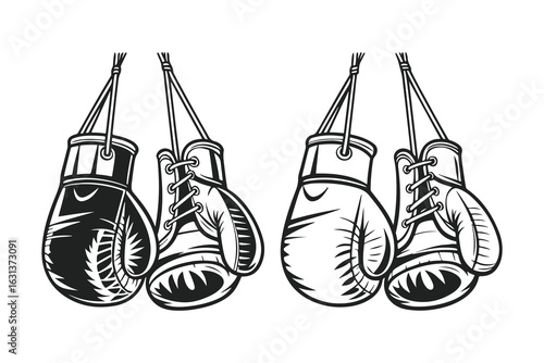 Hand-drawn sketch of hanging boxing gloves. Black and white sports equipment illustration isolated on white background.