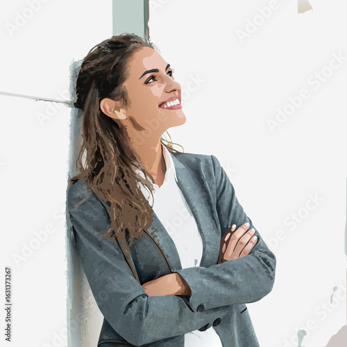 Vector art of confident business woman smiling and looking up, isolated on white background