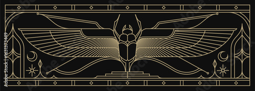  sacred Scarab egypt culture wall art design. beetle with wings Vector illustration logo, personifying the god Khepri. Symbol of the ancient Egyptians
