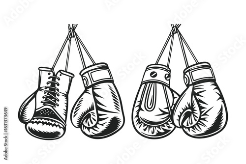 Hand-drawn sketch of hanging boxing gloves. Black and white sports equipment illustration isolated on white background.