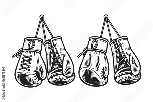 Hand-drawn sketch of hanging boxing gloves. Black and white sports equipment illustration isolated on white background.