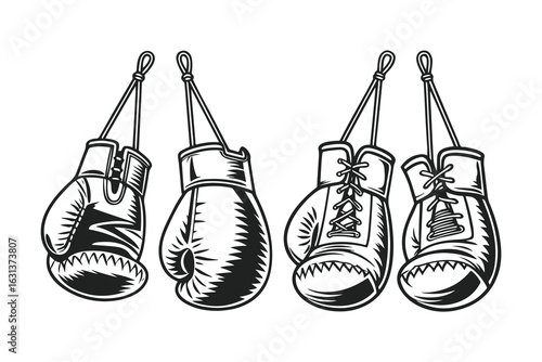 Hand-drawn sketch of hanging boxing gloves. Black and white sports equipment illustration isolated on white background.