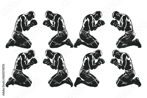 Set of boxer silhouettes in various fighting poses. Vector icons of a fighter for gym, combat sports logo, or fitness design.