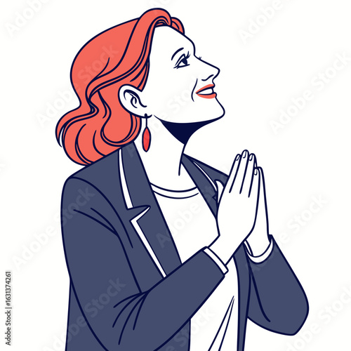 Vector art of woman praying with hands together, isolated on white background