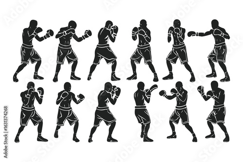 Set of boxer silhouettes in various fighting poses. Vector icons of a fighter for gym, combat sports logo, or fitness design.