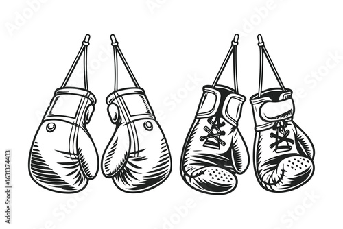 Hand-drawn sketch of hanging boxing gloves. Black and white sports equipment illustration isolated on white background.
