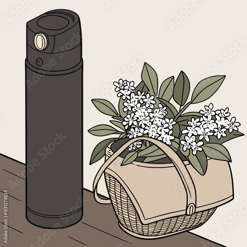 Vector art of thermos bottle and picnic basket with flowers on a table