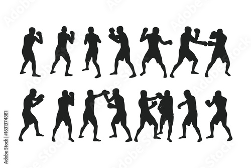 Set of boxer silhouettes in various fighting poses. Vector icons of a fighter for gym, combat sports logo, or fitness design.